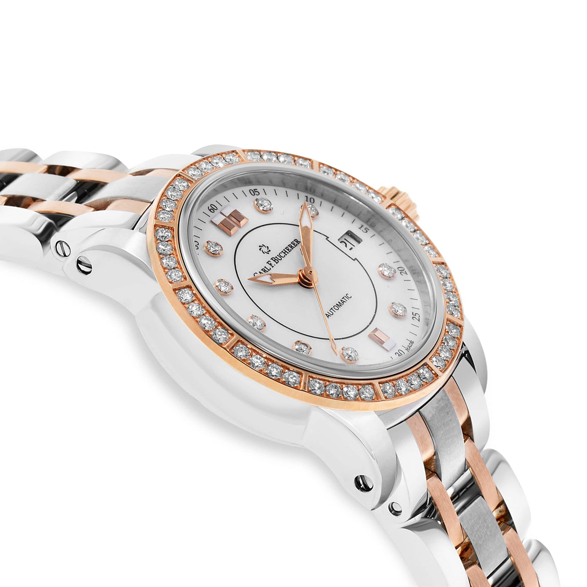 Close-up detail view of Carl F. Bucherer women's two tone watch