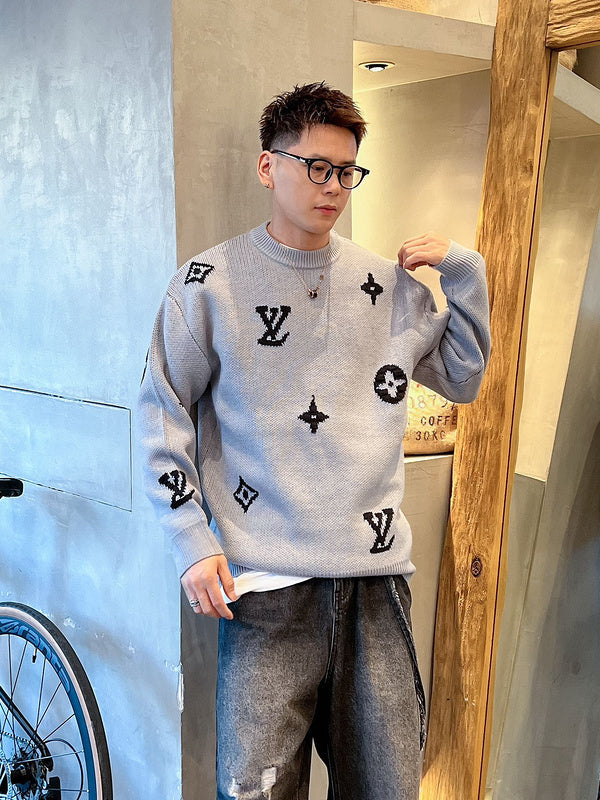 Front view of Louis Vuitton luxury clothing with monogram-inspired silhouette