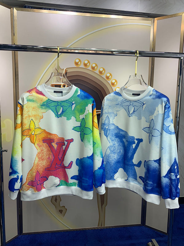 Close-up detail shot of Louis Vuitton luxury clothing with signature branding