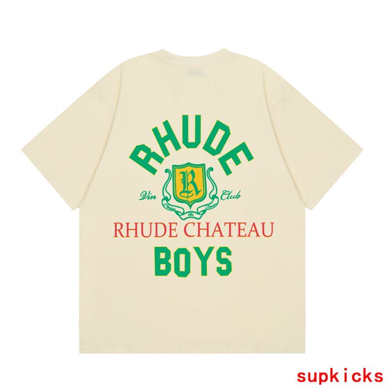 Front view of Rhude luxury clothing with signature branding