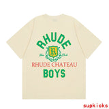 Front view of Rhude luxury clothing with signature branding