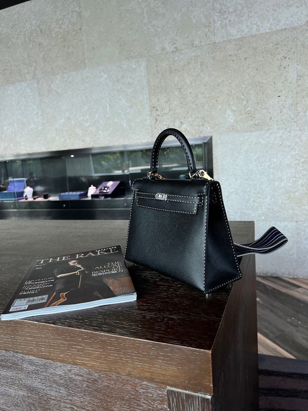 Side view of structured structured handbag