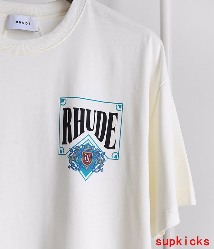 Close-up detail shot of Rhude luxury clothing with contemporary cut