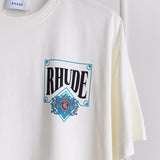 Close-up detail shot of Rhude luxury clothing with contemporary cut