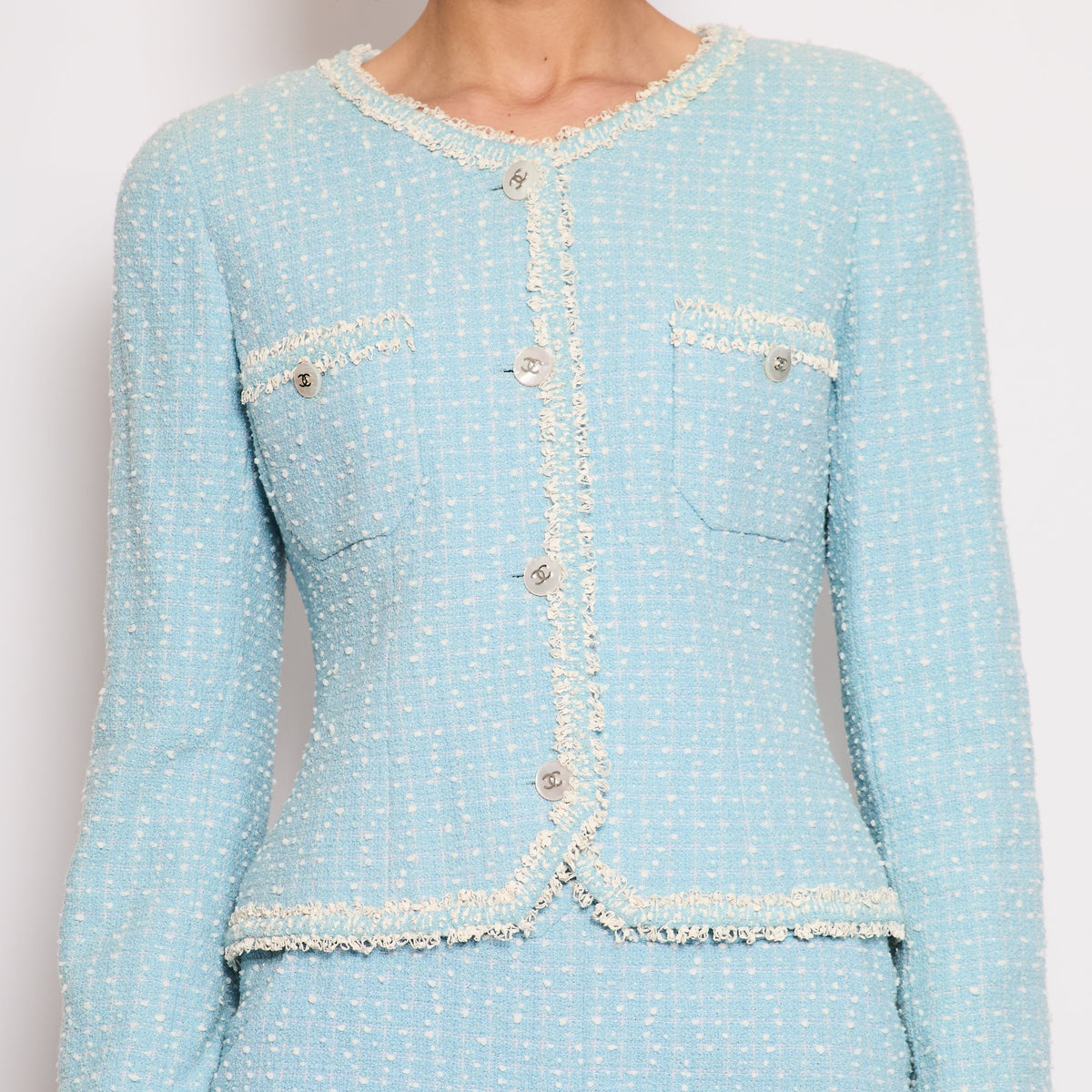 Chanel Jackets? Chanel 97P Baby Blue & White Tweed Blazer and Mini Skirt Set with White Pearl Button Detail Size FR 40 (UK 12) Stylish Everyday Designer Outerwear