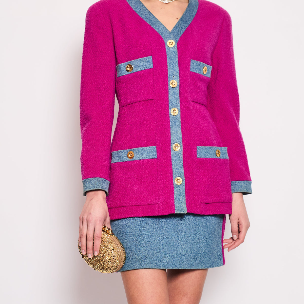 Chanel Jackets? Chanel Fuchsia Pink Tweed Longline Blazer and Mini Skirt Set with Denim Trim & Gold Logo Button Detail Size FR 40 (UK 12) Luxury Designer Outerwear Jacket