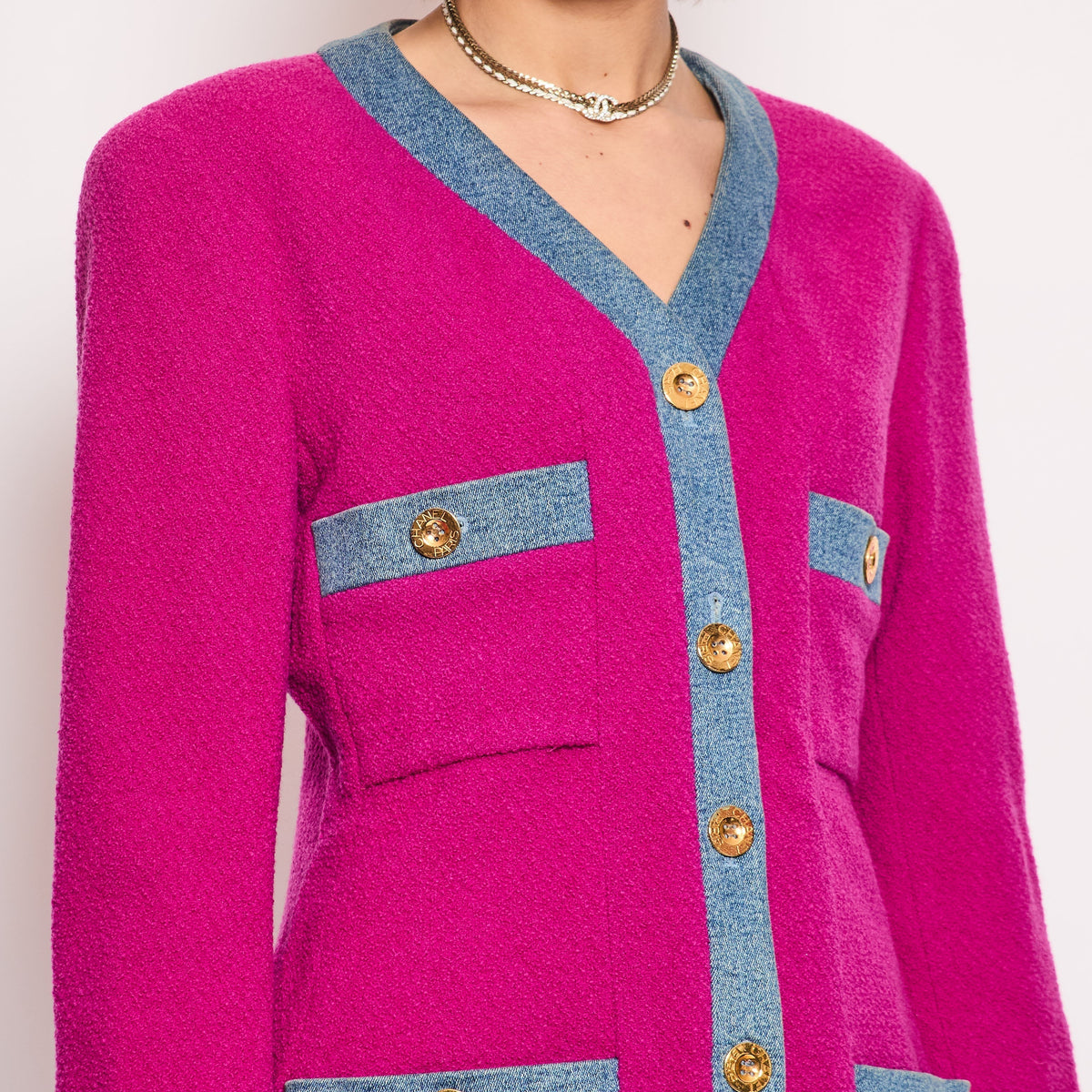 Chanel Jackets? Chanel Fuchsia Pink Tweed Longline Blazer and Mini Skirt Set with Denim Trim & Gold Logo Button Detail Size FR 40 (UK 12) Luxury Designer Outerwear Jacket