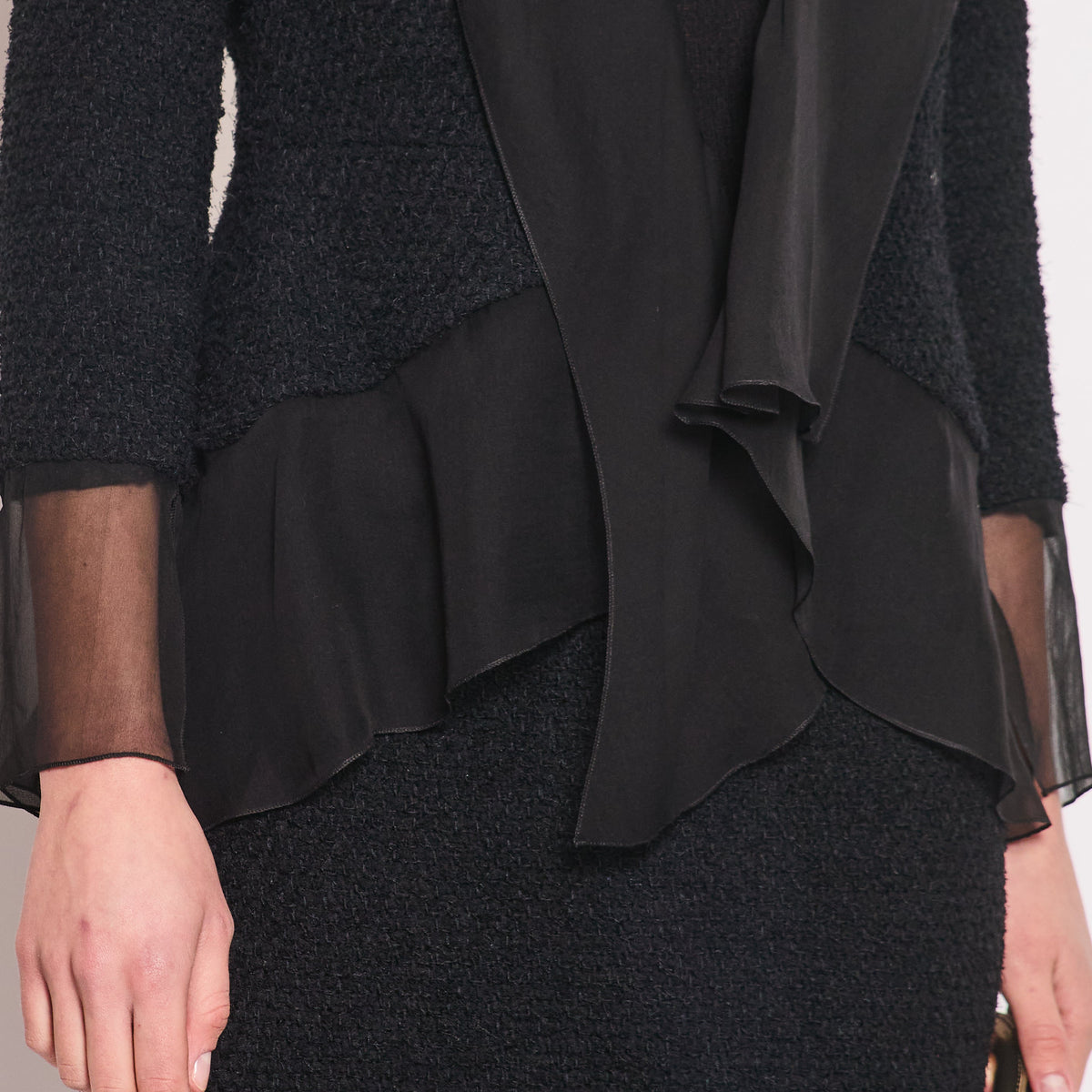 Chanel Jackets? Chanel Black Tweed Jacket and Skirt Set with Silk Trim Details Size FR 36 (UK 8) Luxury Designer Outerwear Jacket