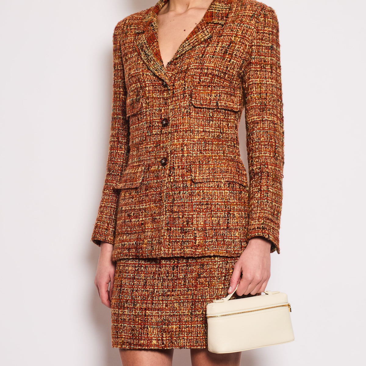 Chanel Jackets? Chanel *HOT* Chanel 98A Vintage Burnt Orange & Multicolour Tweed Long Jacket and Skirt Set with Brown Logo Buttons Size FR 36 (UK 8) Stylish Everyday Designer Outerwear