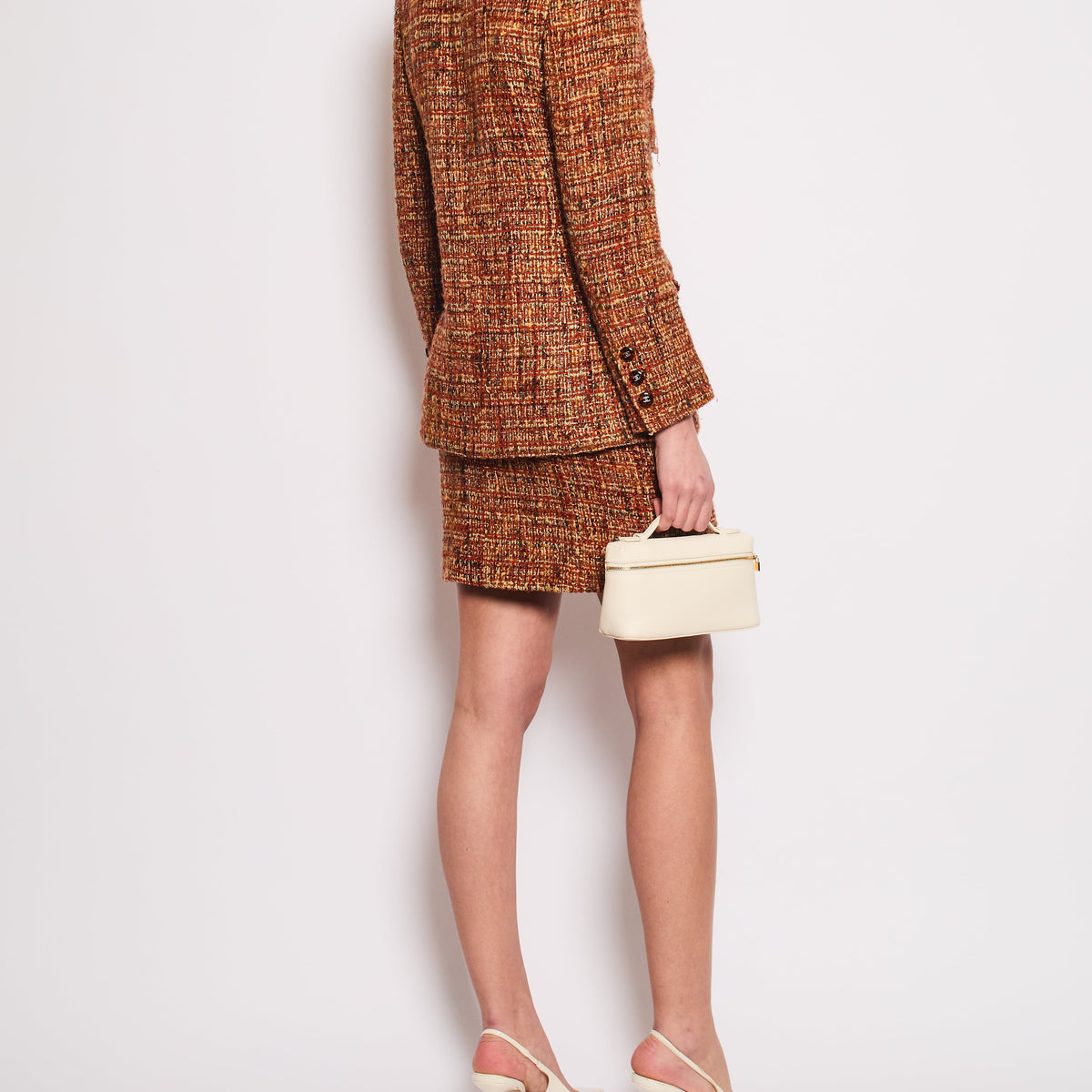 Chanel Jackets? Chanel *HOT* Chanel 98A Vintage Burnt Orange & Multicolour Tweed Long Jacket and Skirt Set with Brown Logo Buttons Size FR 36 (UK 8) Stylish Everyday Designer Outerwear