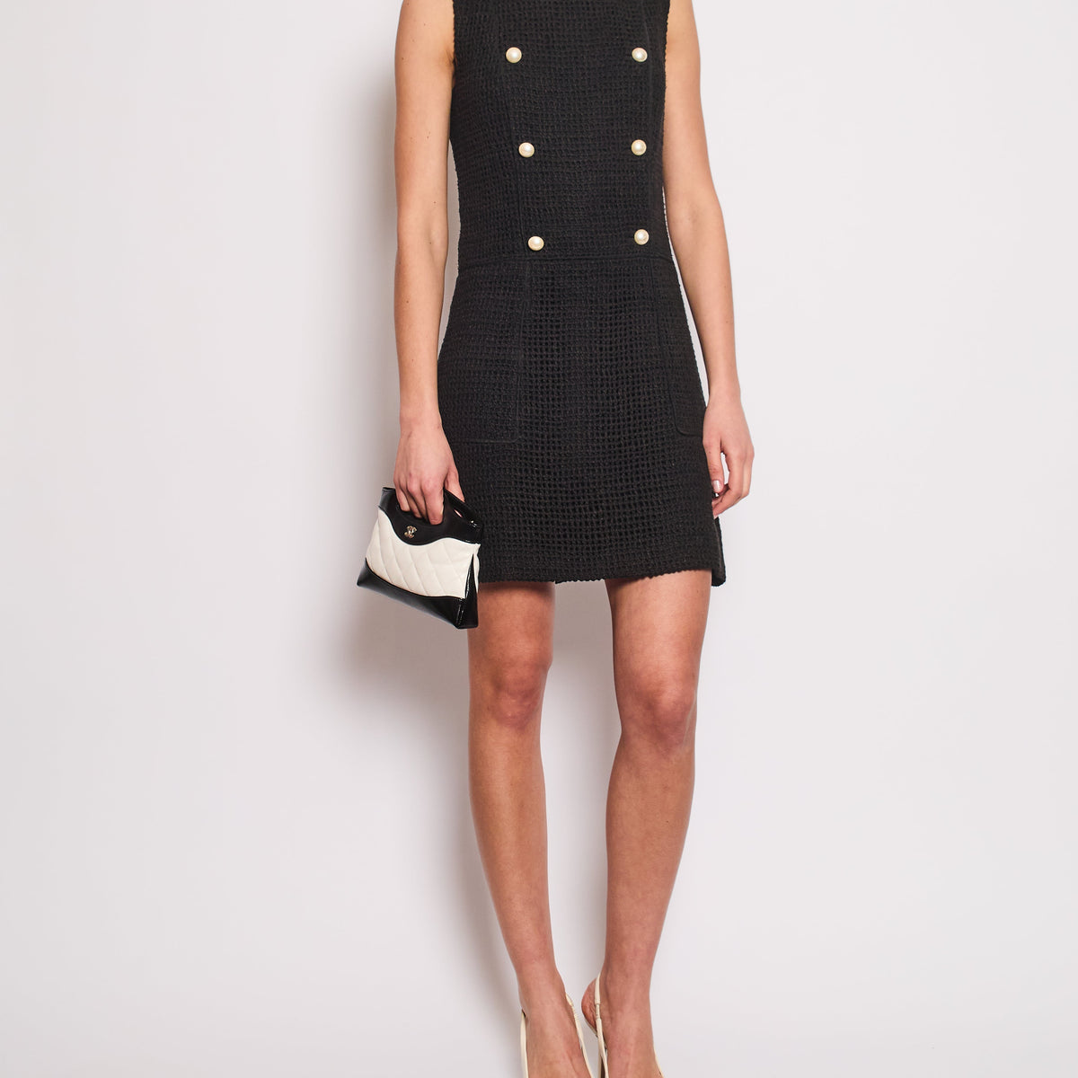 Chanel Sweaters? Chanel Black Knit Sleeveless Mini Dress with White Pearl Logo Details FR 40 (UK 12) Luxury Designer Knit Sweater