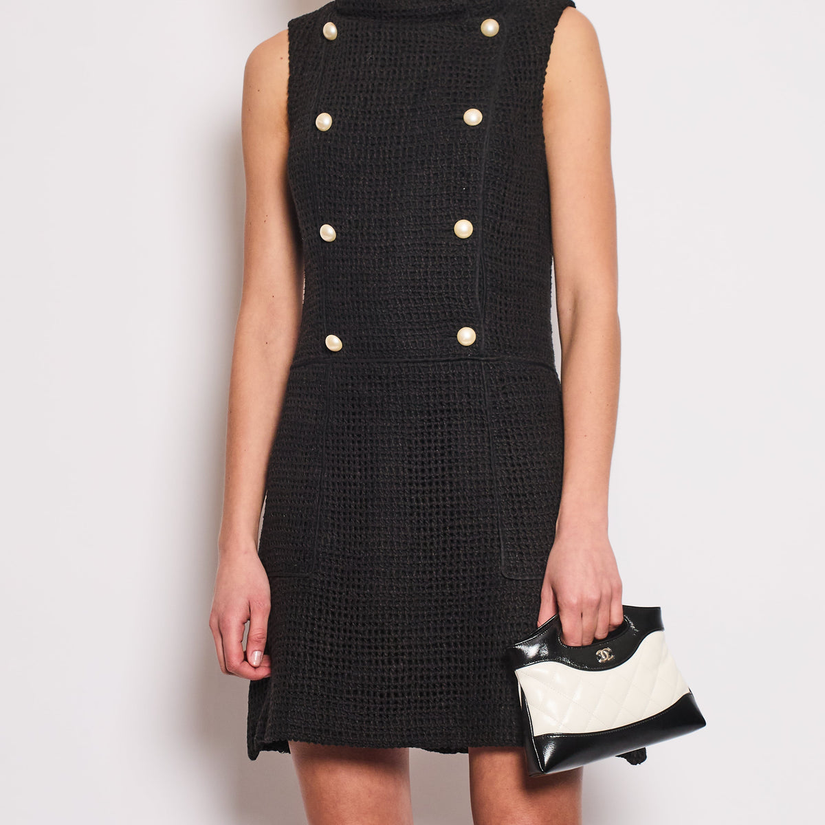 Chanel Sweaters? Chanel Black Knit Sleeveless Mini Dress with White Pearl Logo Details FR 40 (UK 12) Luxury Designer Knit Sweater
