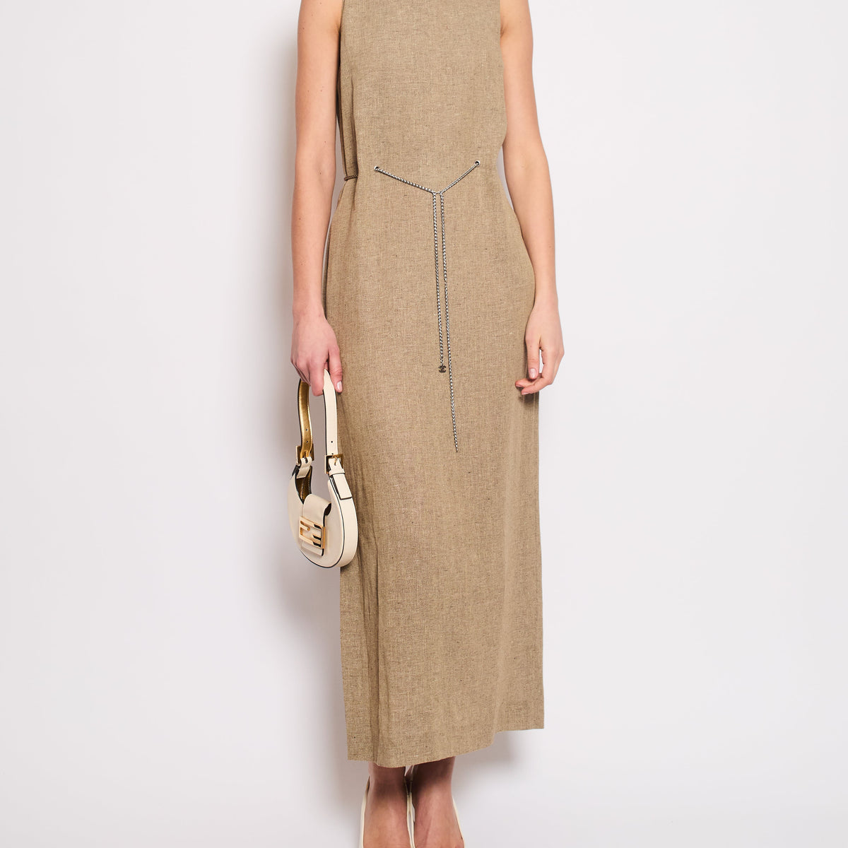 Chanel Dresses? Chanel 08P Beige Sleeveless Linen Maxi Dress with Silver Logo Chain Detail FR 40 (UK 12) Chic Everyday Designer Dress