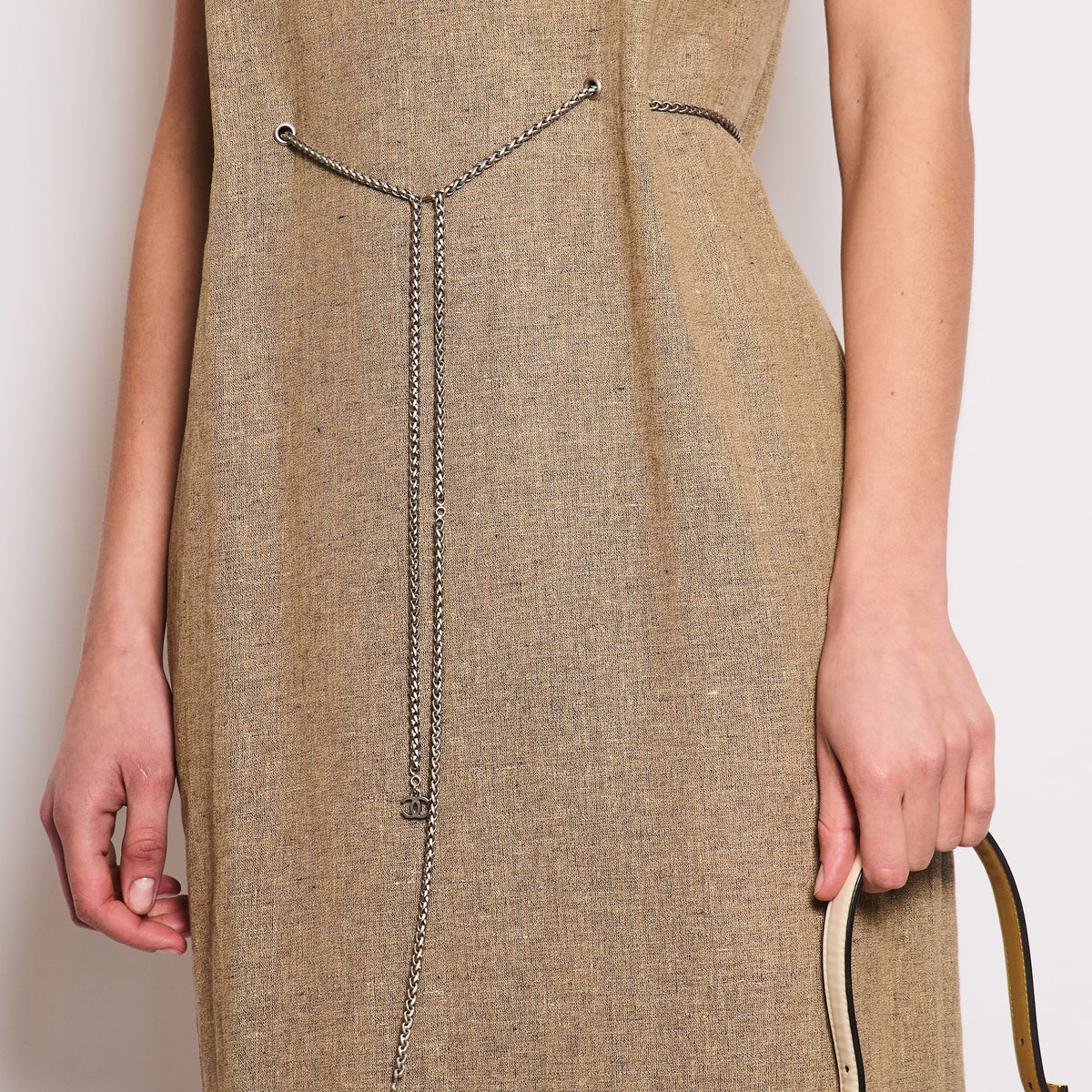 Chanel Dresses? Chanel 08P Beige Sleeveless Linen Maxi Dress with Silver Logo Chain Detail FR 40 (UK 12) Chic Everyday Designer Dress