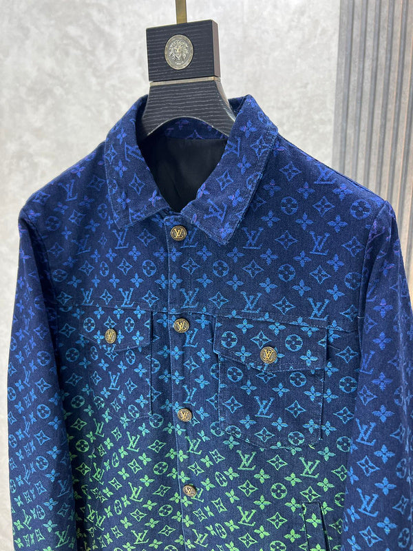 Front view of Louis Vuitton luxury clothing with label-forward styling