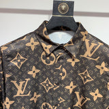 Close-up detail shot of Louis Vuitton cotton t-shirt with signature branding
