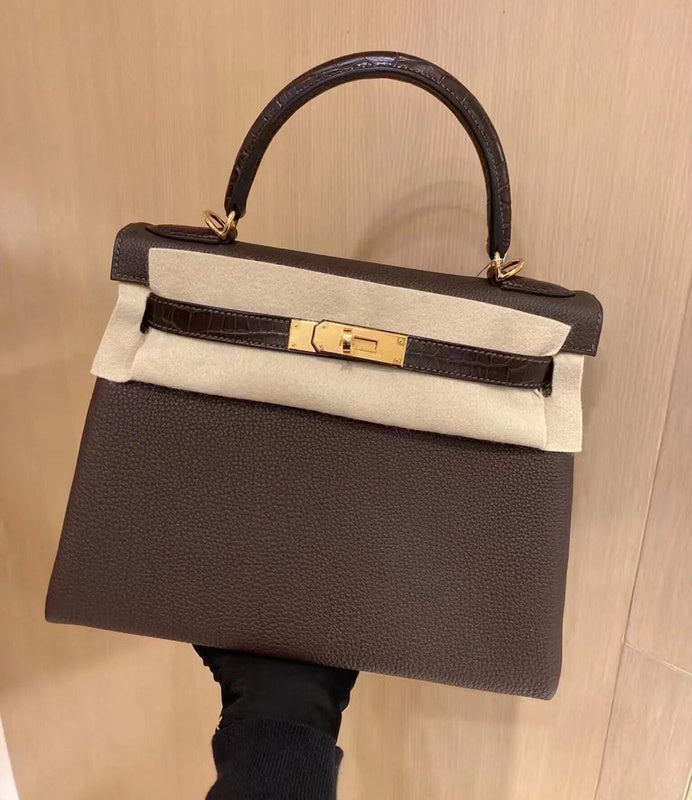 Side view of classic structured handbag
