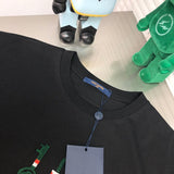 Close-up detail shot of Louis Vuitton cotton t-shirt with logo-detail design