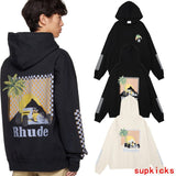 Front view of Rhude luxury clothing with signature branding