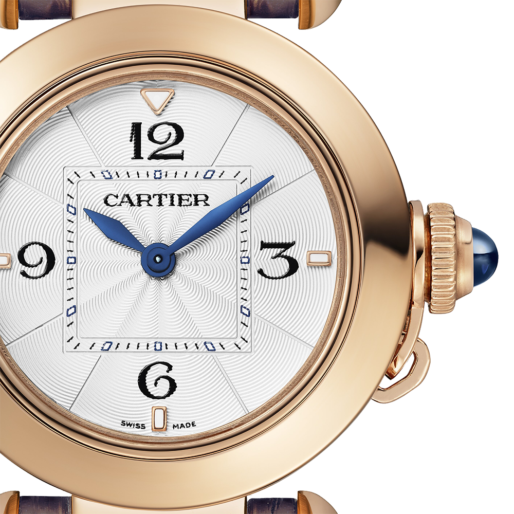 Close-up detail view of Cartier unisex rose gold watch