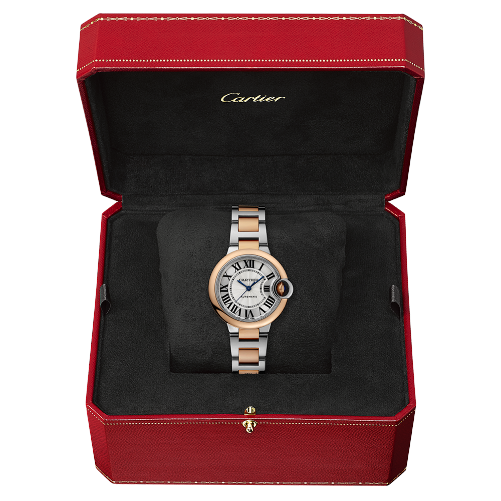Close-up detail view of Cartier unisex rose gold watch