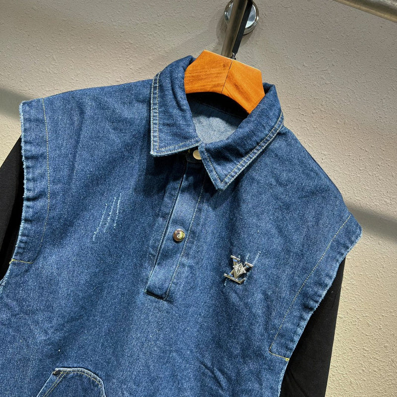 Close-up detail shot of Louis Vuitton luxury clothing with logo-detail design