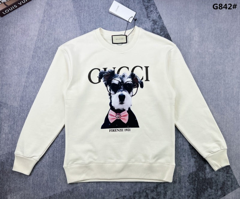 Front view of Gucci luxury clothing with signature branding
