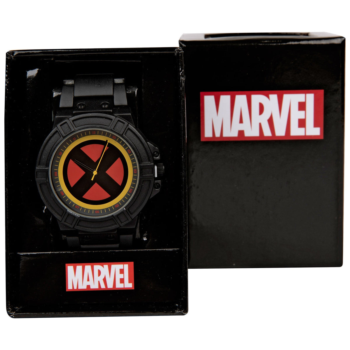 Close-up detail view of Marvel X-Men Symbol unisex black watch
