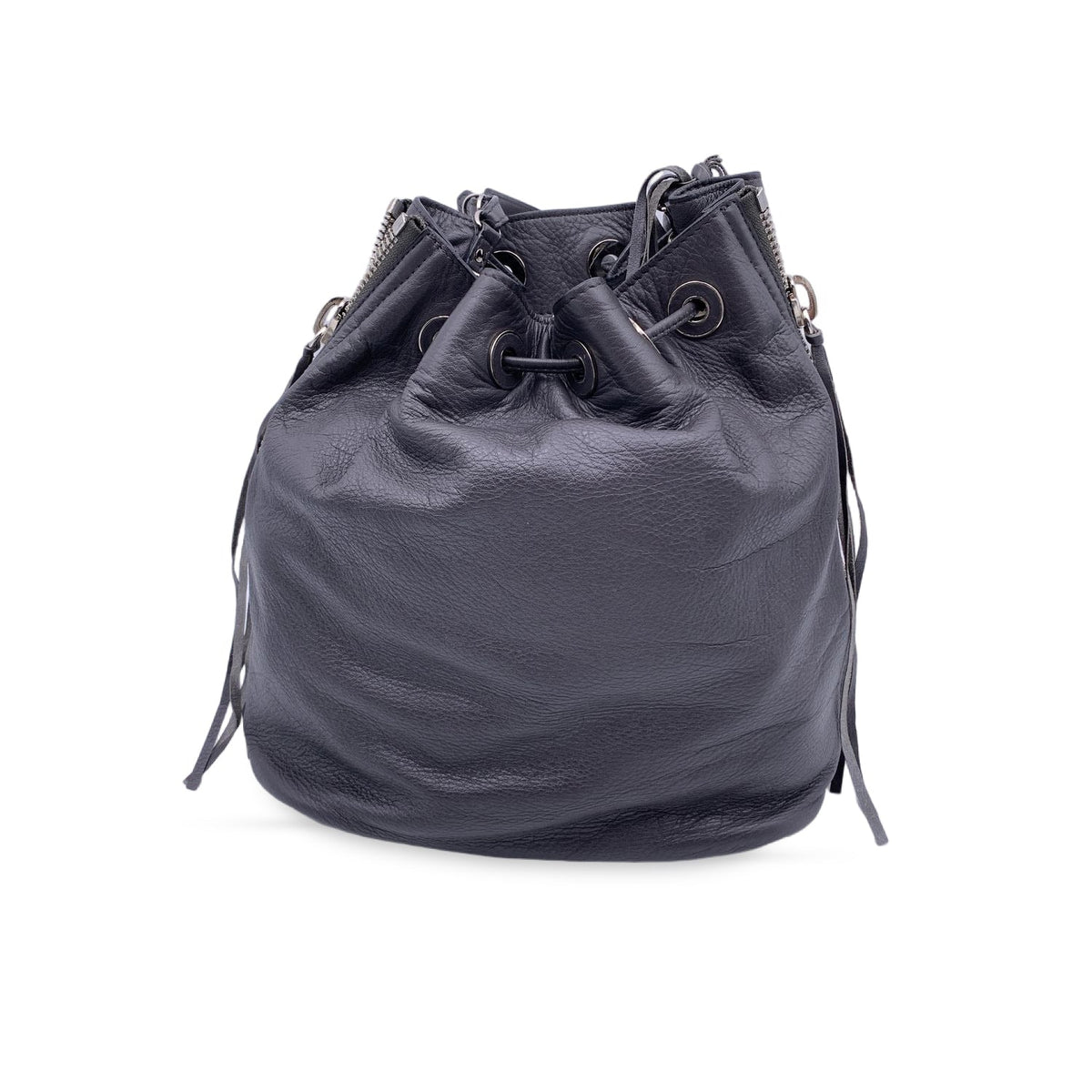 Balenciaga Grey Leather Papier Plate Bucket Drawstring Bag | Designer Luxury Handbag