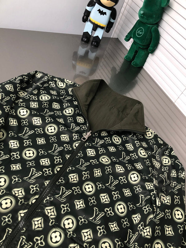 Close-up detail shot of Louis Vuitton luxury clothing with signature branding