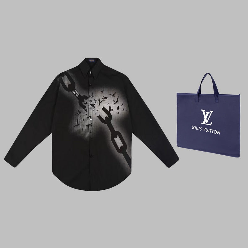 Front view of Louis Vuitton luxury clothing with logo-detail design