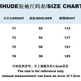 Front view of Rhude luxury clothing with monogram-inspired silhouette