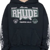 Front view of Rhude luxury clothing with signature branding