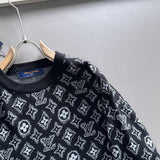 Close-up detail shot of Louis Vuitton luxury clothing with logo-detail design