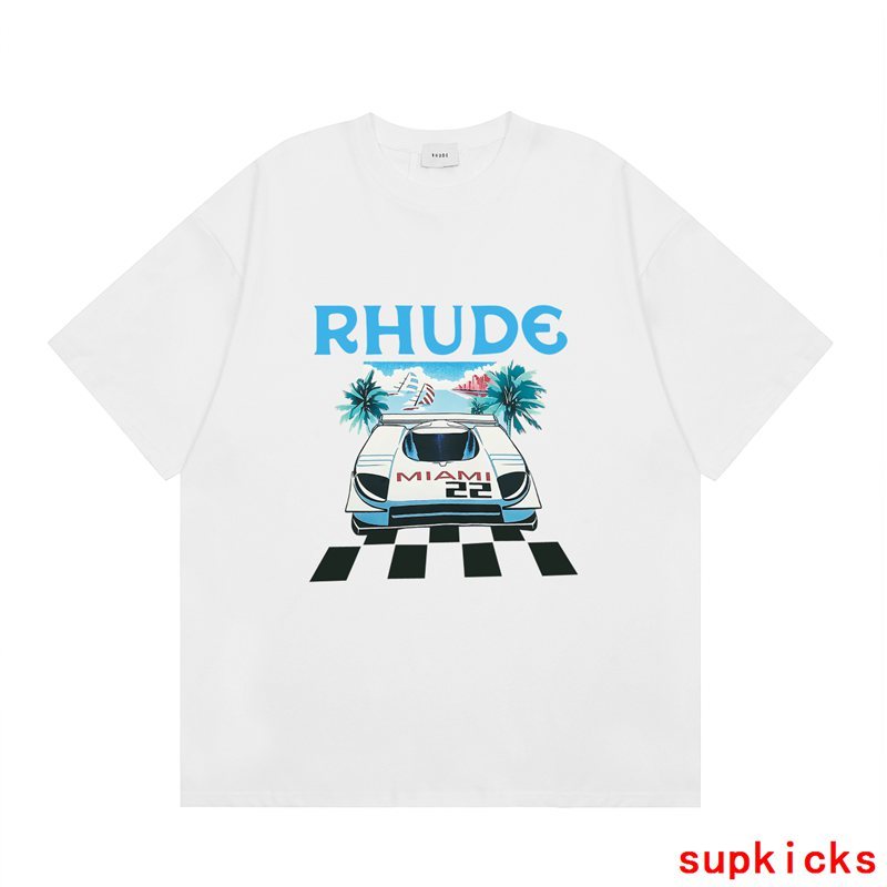 Back view of Rhude luxury clothing with monogram-inspired silhouette