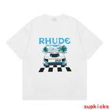 Back view of Rhude luxury clothing with monogram-inspired silhouette
