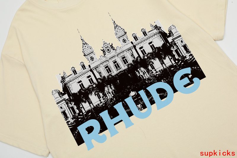 Side profile of Rhude luxury clothing with logo-detail design
