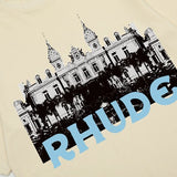 Side profile of Rhude luxury clothing with logo-detail design