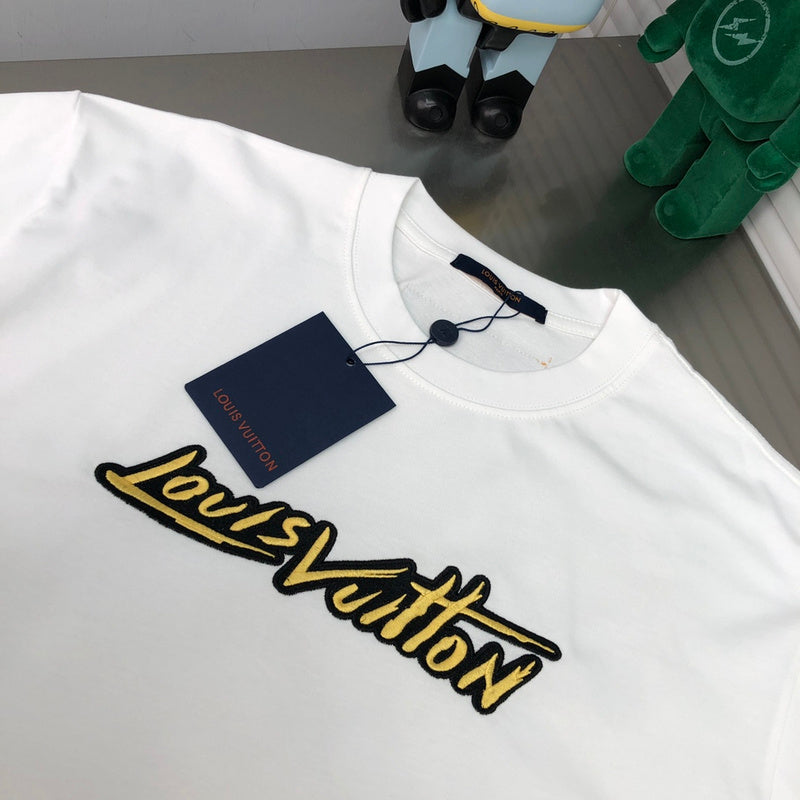 Close-up detail shot of Louis Vuitton cotton t-shirt with signature branding