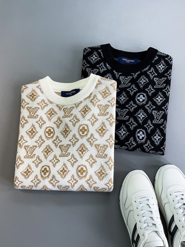 Front view of Louis Vuitton luxury clothing with monogram-inspired silhouette
