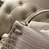 Side view of structured structured handbag