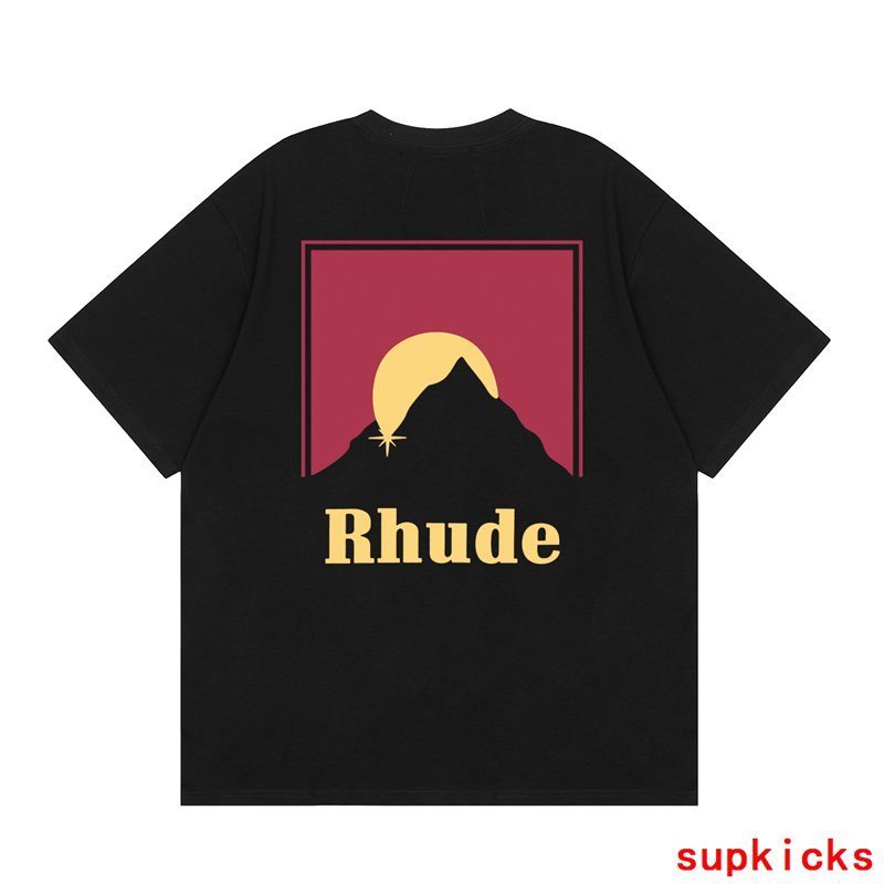 Side profile of Rhude luxury clothing with signature branding