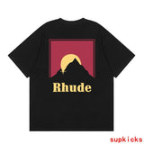 Side profile of Rhude luxury clothing with signature branding