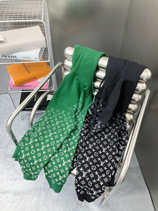 Close-up detail shot of Louis Vuitton luxury clothing with monogram-inspired silhouette