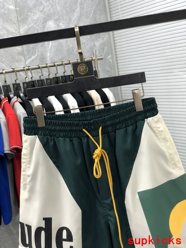 Close-up detail shot of Rhude luxury clothing with streetwear-inspired cut