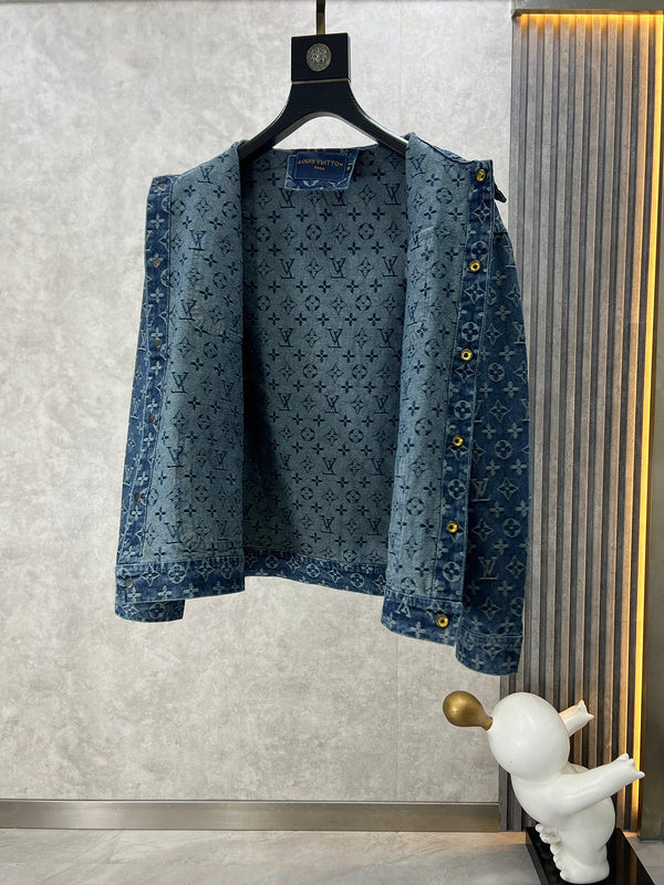 Close-up detail shot of Louis Vuitton luxury clothing with runway-inspired design