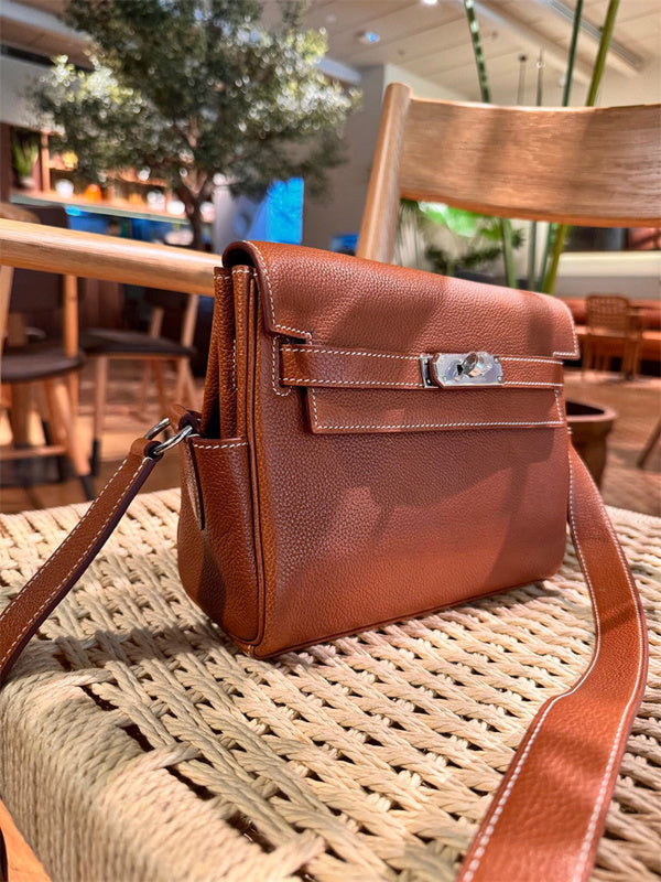 Side view of considered structured handbag
