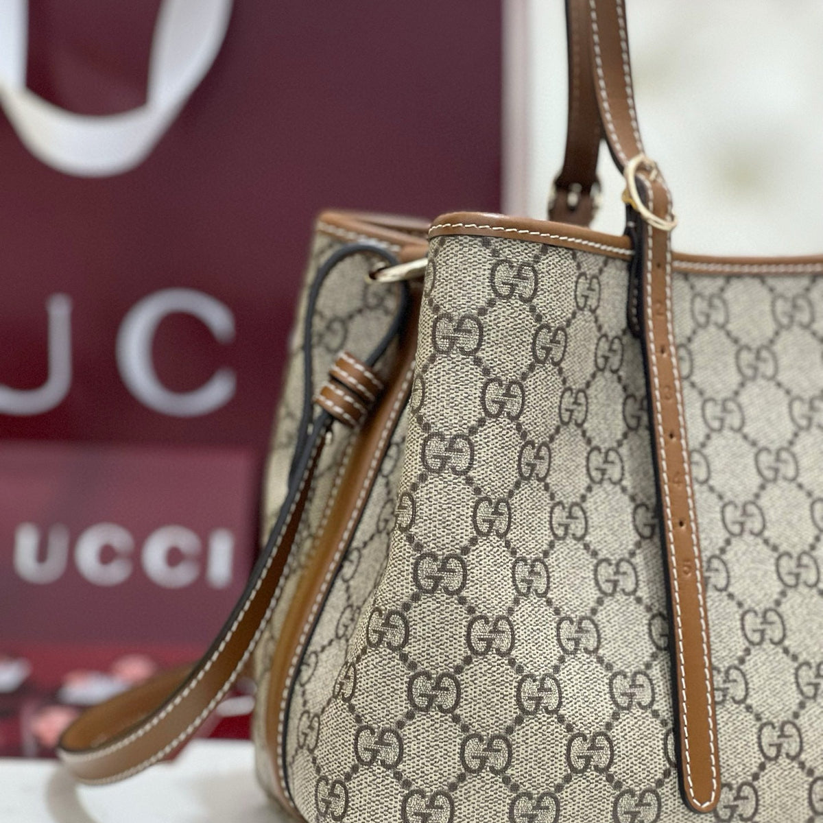 Front view of Gucci Emblem Small Tote Bag premium tote bag