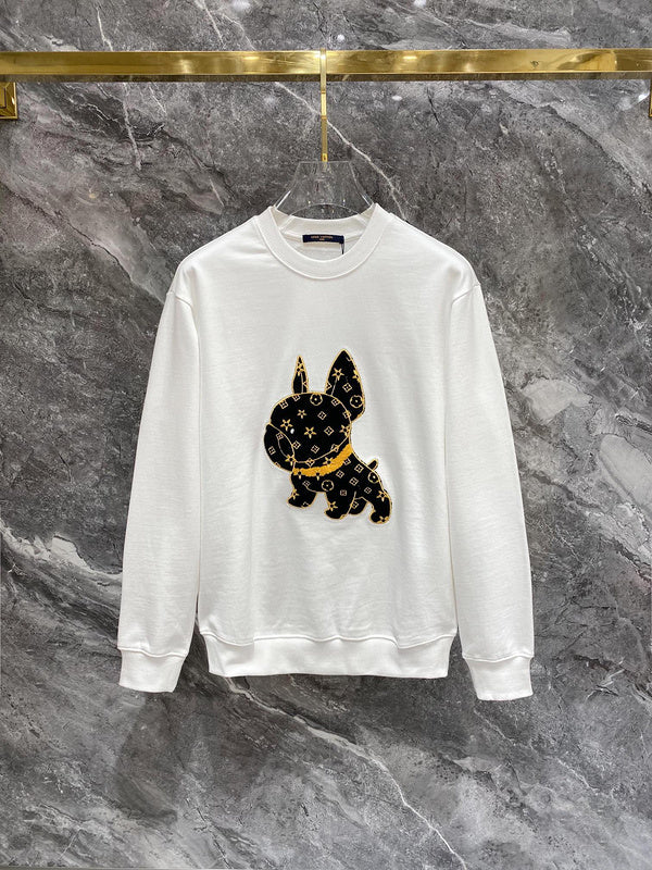 Front view of Louis Vuitton luxury clothing with label-forward styling
