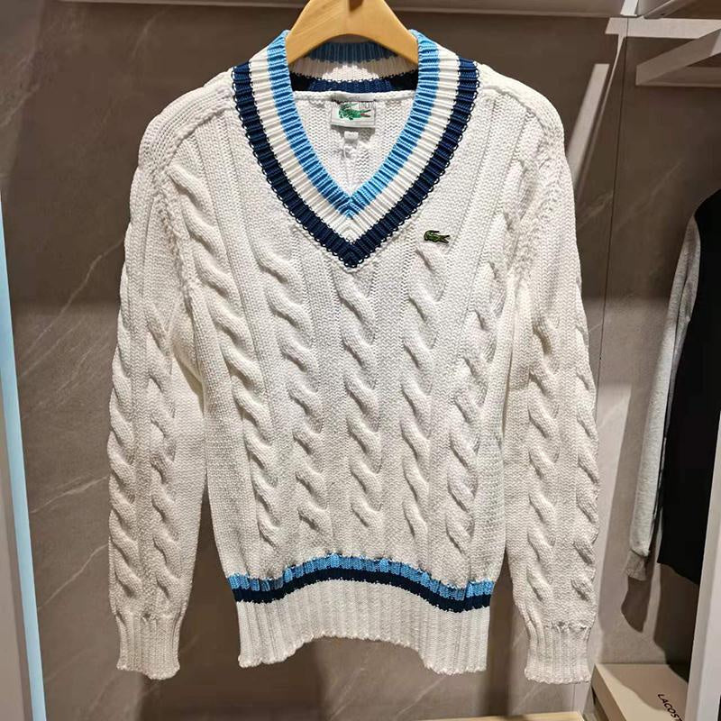 Front view of Lacoste luxury clothing with monogram-inspired silhouette